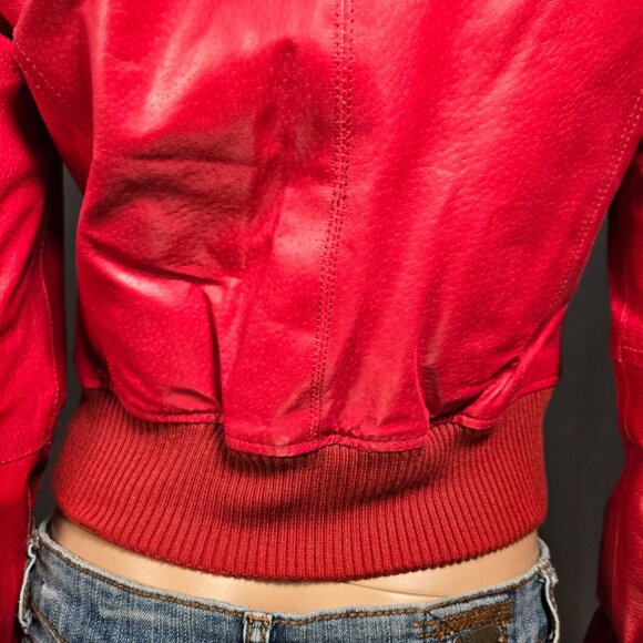 Y2K Red Leather Bomber Moto Jacket Size S Short Cropped Zip Up 2000s - Picture 9 of 12